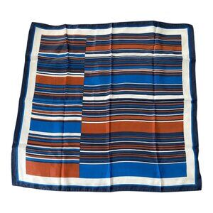 Vintage Intertex Japan Striped Scarf – Blue, Rust & White Geometric Square – 26”